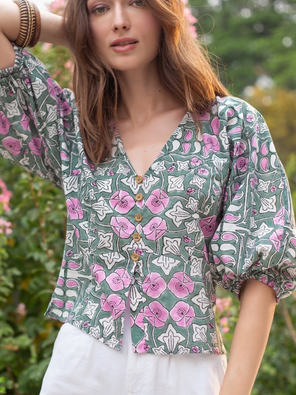 NWT Beyond by Vera Vivi Heritage Wisteria Verdure Print Top
